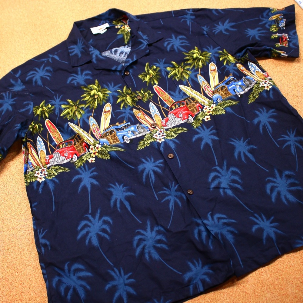 Hawaiian Aloha Shirt Woodie Cars Made In Hawaii USA 2XL Blue Pacific Legend